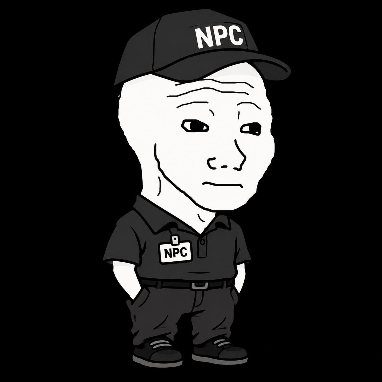 Wojak NPC character in a black uniform and NPC cap